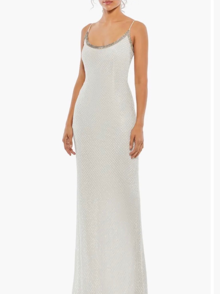 Mac Duggal White Rhinestone Encrusted Scoop Neckline Beaded Gown